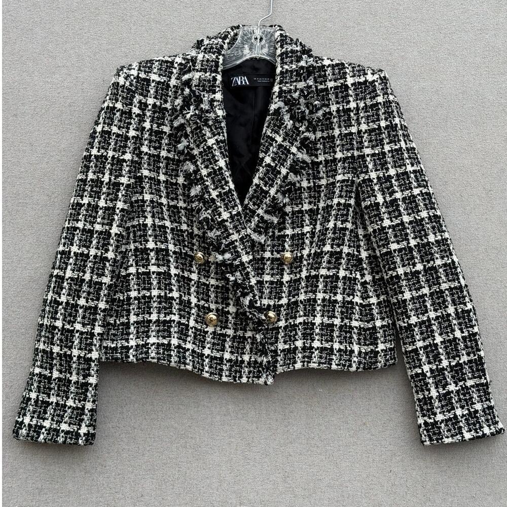Zara Textured Tweed Cropped Blazer Black White Gold Button Jacket Size M